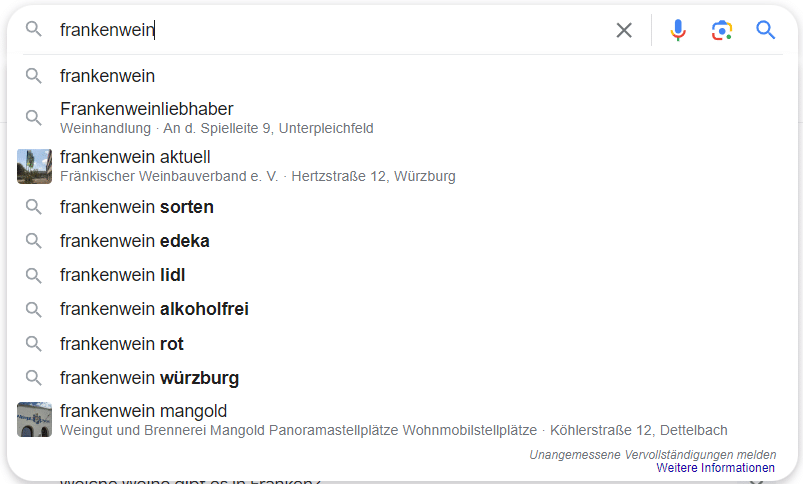 Suchvorschläge für Frankenwein in Google